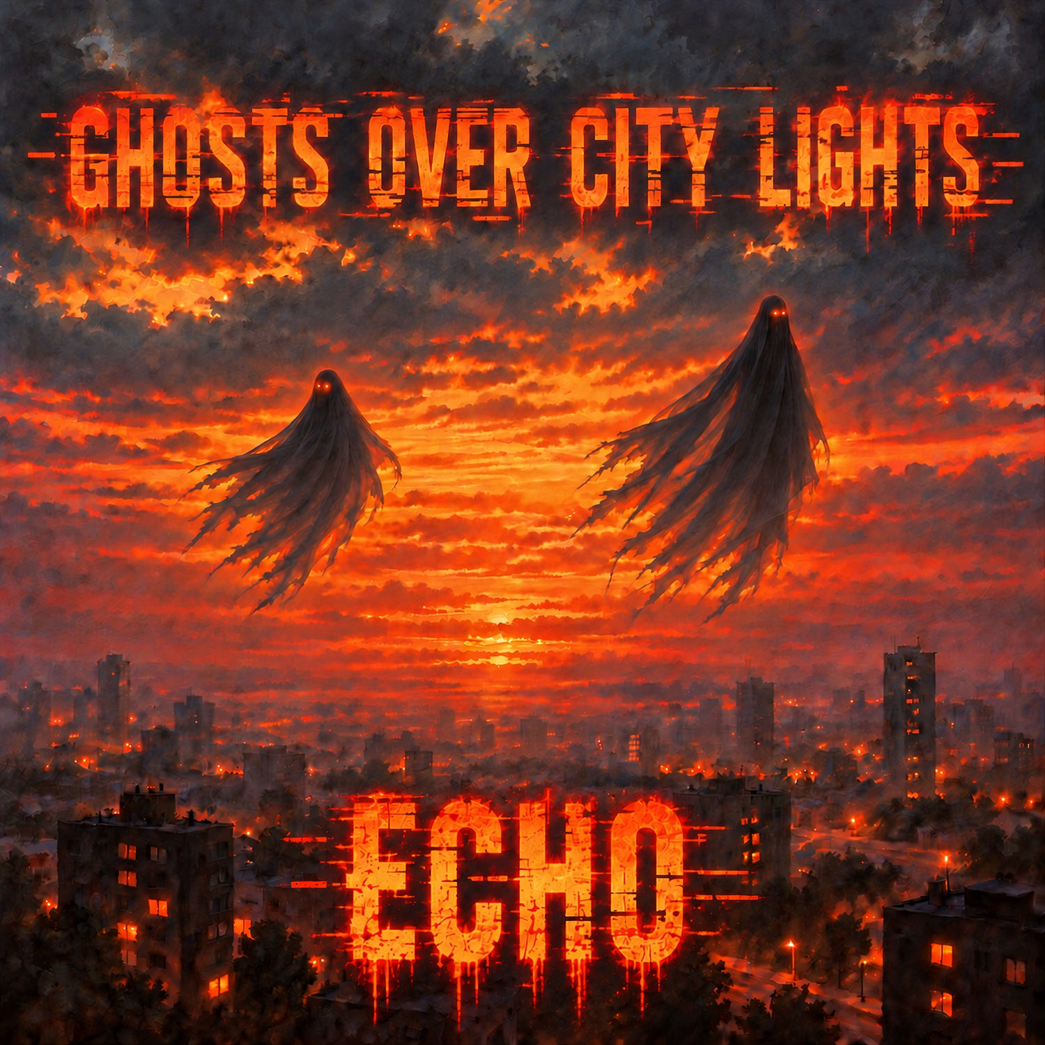 Echo single cover: two ghosts float over a city beneath a fiery orange sky